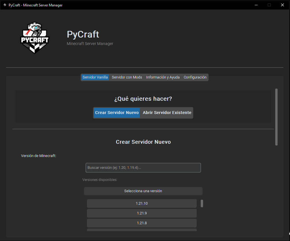Interfaz principal de PyCraft